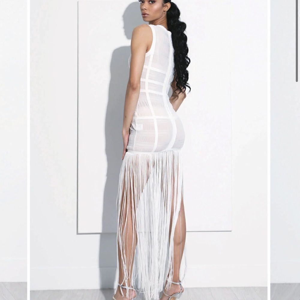 RIYA | WHITE FLOOR LENGTH WHITE TRANSPARENT FRINGE DRESS